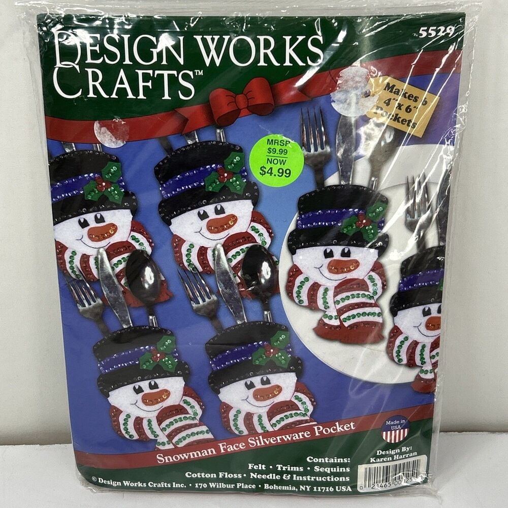 Design Works SNOWMAN FACE Silverware Pocket Christmas Kit # 5529 Felt Sequins